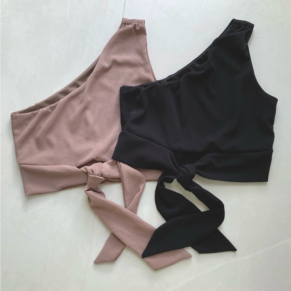 MEEK Set of 2 Black Taupe One Shoulder Crepe Crop Tops Front Tie - Small